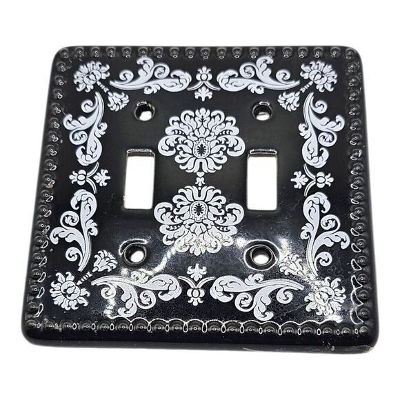 Double Light Switch Plate Cover Black Filigree Print Hobnail‎ Textured Ceramic - Picture 1 of 12